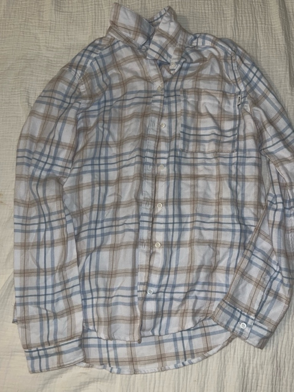 abercrombie kids Plaid Button-Down Shirt in White, Light Blue & Brown
